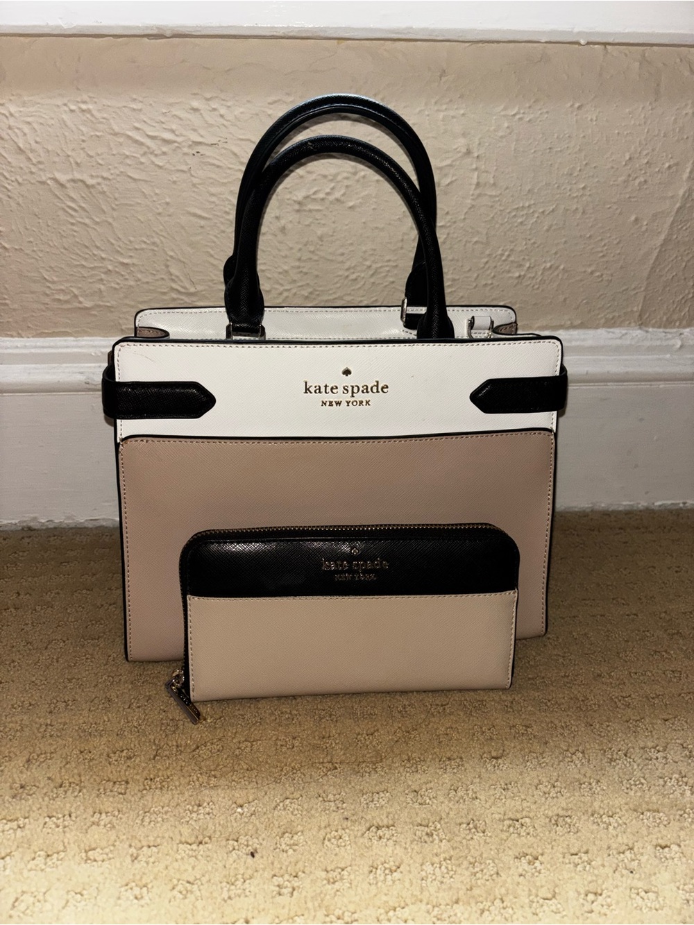 kate spade Two-Tone Black, White & Beige Saffiano Satchel with Matching Wallet
